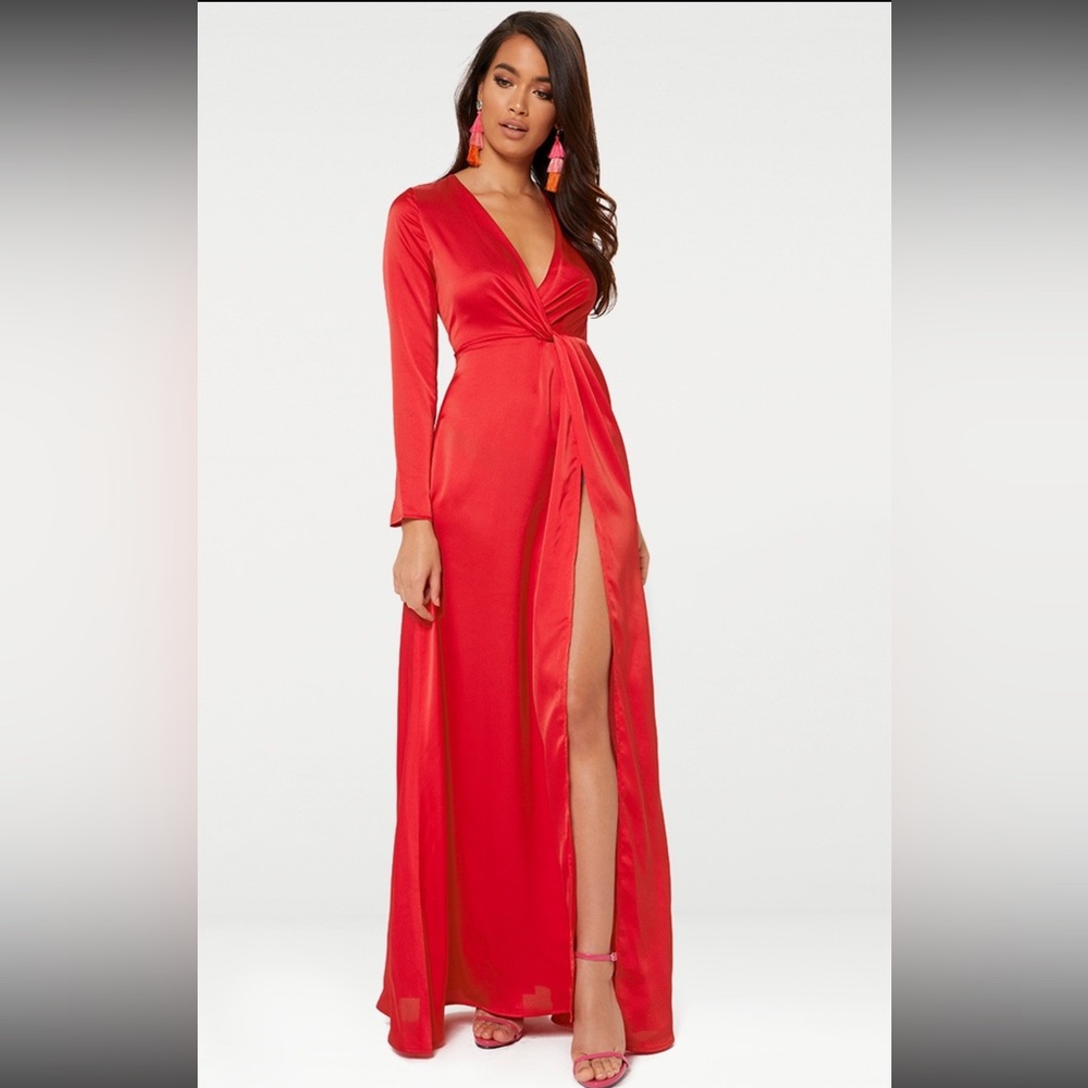 Red satin twist maxi dress with slit
